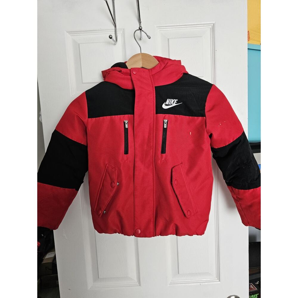 Nike Youth Puffer Hooded Winter Jacket Coat Black Red Sz L (7)